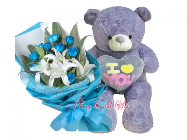 Life-Size Teddy Bear & White Stargazers with Blue Roses Bouquet,