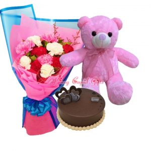 Mixed Carnations Bouquet, 22 Inches Pink Teddy Bear, Deep Dark Chocolate Cake by Boulangerie22