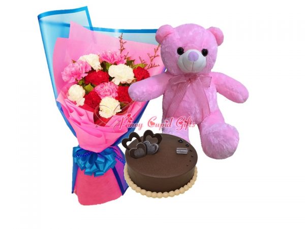 Mixed Carnations Bouquet, 22 Inches Pink Teddy Bear, Deep Dark Chocolate Cake by Boulangerie22