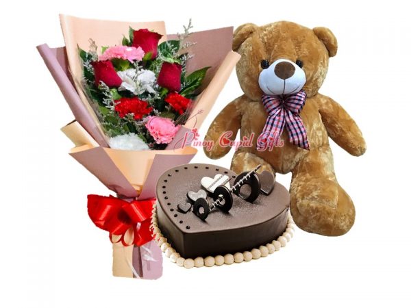 Mixed Roses/Carnations Bouquet, 2FT Brown Teddy Bear, & Dark Chocolate Art Deco by Boulangerie22