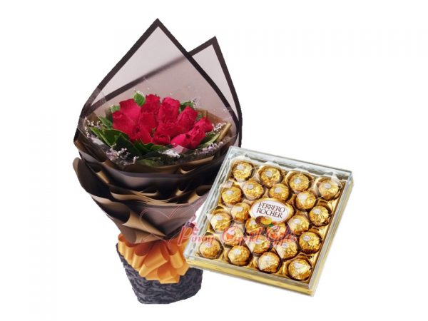 1 Dozen Red Roses Bouquet, 24 pcs Ferrero Chocolate