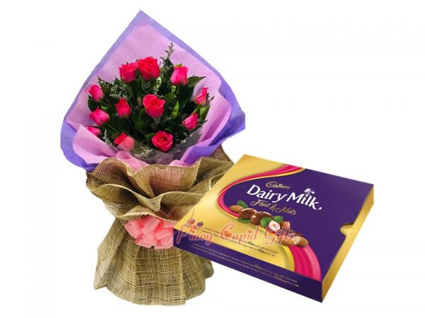 1 Dozen Pink Roses Bouquet, Cadbury Chocolate-300g