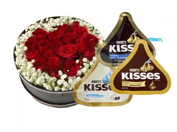 Red Roses in Round Gift Box, 3x146g Assorted Hershey's Iconic Kisses