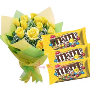 10 Imported Yellow Roses, Bouquet M&M's Chocolate 200g x3
