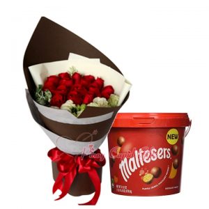 12 Red Roses Bouquet, Maltesers Bucket, 465g