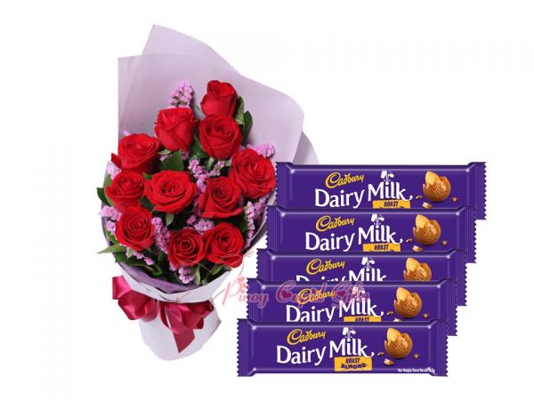 1 Dozen Red Roses Bouquet, Cadbury Milk Chocolate (10x30g each)