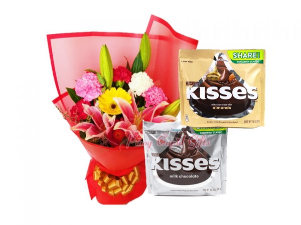 Mixed Flower Bouquet, Kisses Almonds Share Pack 283g Kisses Milk Chocolate Share Pack 283g