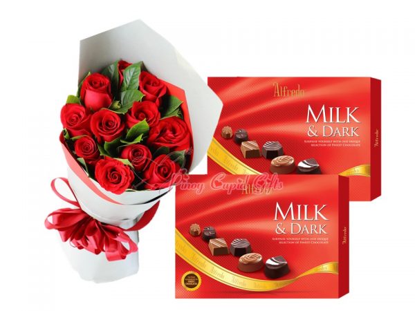 1 Dozen Red Roses Bouquet, Alfredo Milk & Dark Finest Chocolate 110g x2