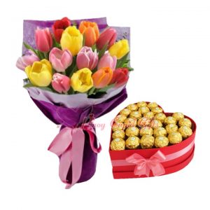 20 Assorted Tulips, 30pcs Ferrero Chocolates  in Heart