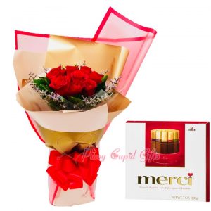 1 Dozen Red Roses Bouquet, Merci European Chocolates-Red