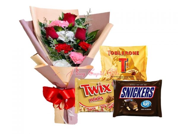 Mixed Roses/Carnations Bouquet, 3 Mini Packs (Toblerone, Twix, Sneakers)