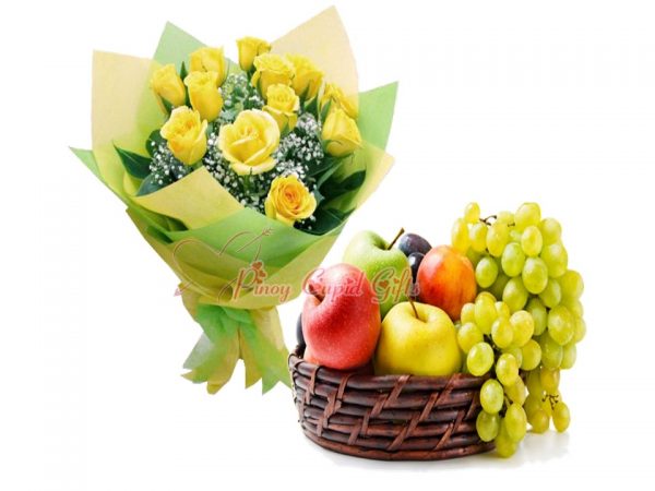 10 Yellow Imported  Roses & Fruit Basket: 2 Red Apples, 2 Green Apples, 2 Pears, 1/2 kilo Green grapes, 1/2 kilo Red Grapes.