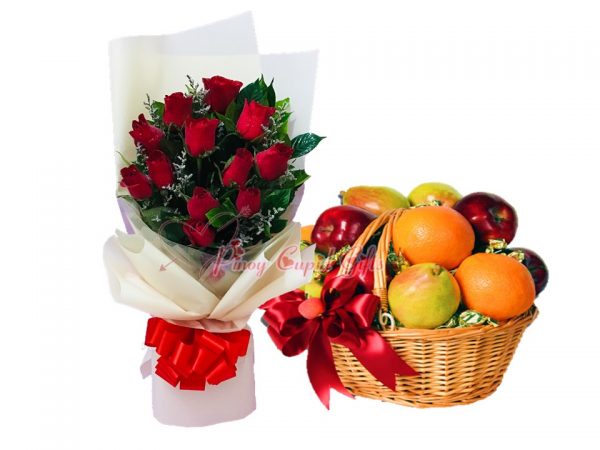 1 Dozen Red Roses Bouquet & Fruit Basket: 5 Red Apples, 5 Pears, 5 Oranges