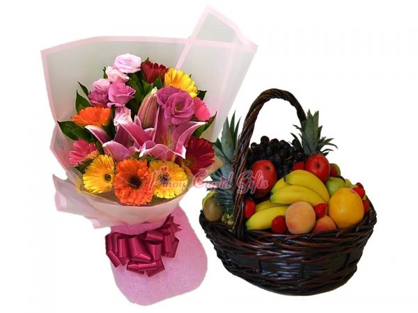 Mixed Flower Bouquet & Fruit Basket: 2 Pineapples, 4 Oranges, 4 Red Apples, 4 Green Apples, 4 Pears, 5 Bananas, 1/2 Kilo Grapes