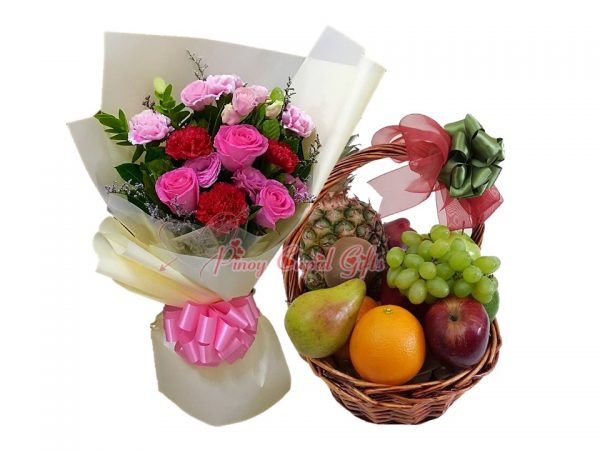 Mixed Flower Bouquet & Fruit Basket: 1 Pineapple, 2 Pears, 2 Oranges, 2 Red Apples, 2 Green Apples, 2 Kiwis,  1/2 Kilo Green Grapes
