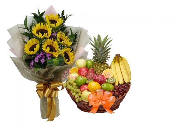 5pcs sunflower bouquet & Big Fruit Basket