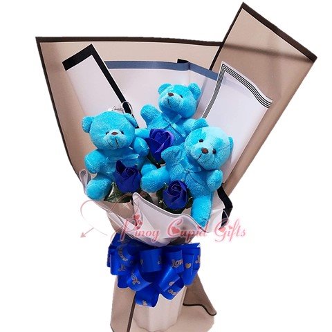 3 pcs blue stuffed toys with 3 blue soap roses 