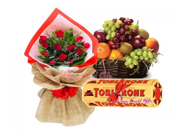 1 Dozen Red Roses Bouquet, Toblerone Gift Bundle 6x100g, Fruit Basket: 3 Red Apples, 3 Green Apples, 3 Oranges, 3 Pears, 2 Kiwis, 1/2 Kilo Red Grapes, 1/2 kilo Green grapes