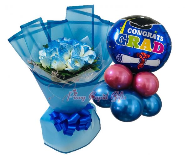 1 Dozen Blue Roses Bouquet, "Congrats GRAD" Mylar Balloons