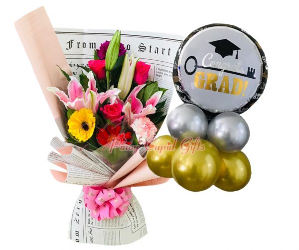 Mixed Flower Bouquet, "Congrats GRAD" Mylar Balloons