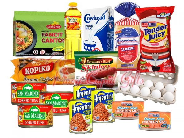Pancit, Kopiko, Oil, Milk, Hotdogs, Longanisa, Eggs, Canned Tuna, Corned Beef, Luncheon Meat, Bread