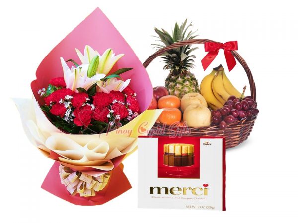 Carnation/Lilies Bouquet, Merci European Chocolate, Fruit Basket: 1 Pineapple, 4 Bananas, 2 Pears, 2 Oranges, 2 Red Apples, 1/2 Kilo Red Grapes