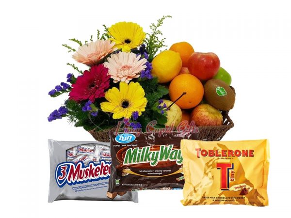 Gerberas Flowers in Basket, Musketeers/Milky Way (Fun Size),  Toblerone Pack (200g), Fruit Basket: 2 Oranges, 2 Red Apples,  2 Green Apples, 2  Pears, 2 Lemons, 2 Kiwis 