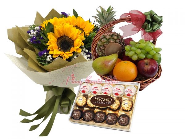 3 Sunflower Bouquet, 15 pcs Ferrero Collection,  Fruit Basket: 1 Pineapple, 2 Pears, 2 Oranges, 2 Red Apples, 2 Kiwis, 1/2 kilo Green Grapes