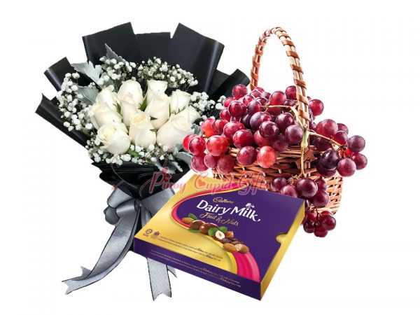 1 Dozen White Roses Bouquet, Cadbury Chocolate-300g, Fruit Basket: 2 Kgs Red Grapes