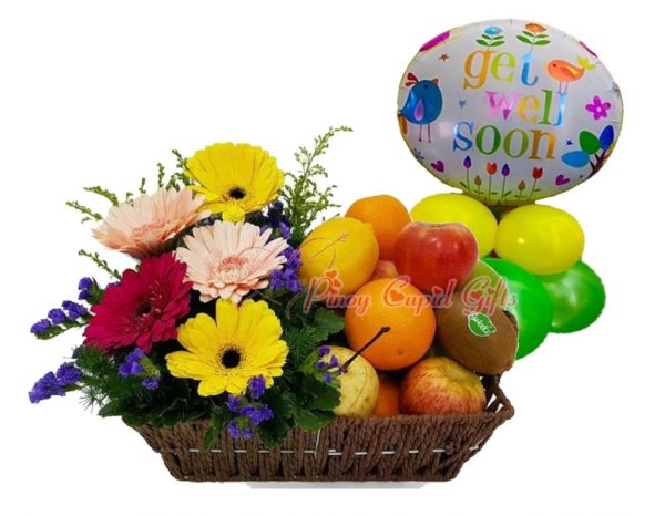 Gerberas Flowers in Basket, Fruit Basket: 2 Oranges, 2 Red Apples,  2 Green Apples, 2  Pears, 2 Lemons, 2 Kiwis Mylar Balloons 