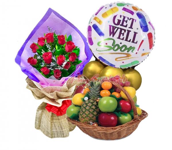 1 Dozen Red Roses Bouquet, Fruit Basket: 1 Pineapple, 2 Red Apples, 2 Green apples, 2 Pears, 2 Oranges, Kiat Kiat & Mylar Balloons