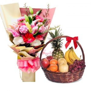Mixed Roses/Lilies/Stargazer Bouquet and Fruit Basket