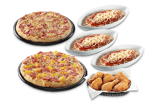 Greenwich 9" Hawaiian overload, ham and cheese pizzas, 3spaghetis, 6 chicken