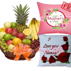 fruit basket and message pillow
