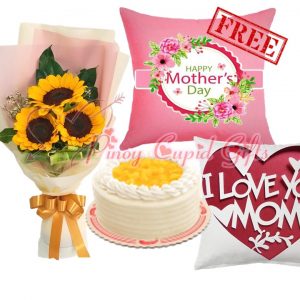 3pc sunflower bouquet, red ribbon mango sunrise cake, Mother's Day message pillows