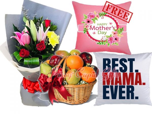 mixed flower, fruit basket, and message pillow