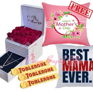 box with sterling silver necklace and roses, toblerone chocolate and message pillow