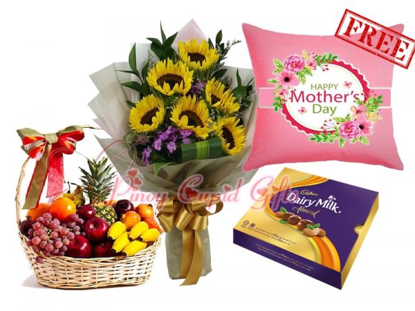 5pc sunflowers bouquet, fruit basket and Cadbury chocolate