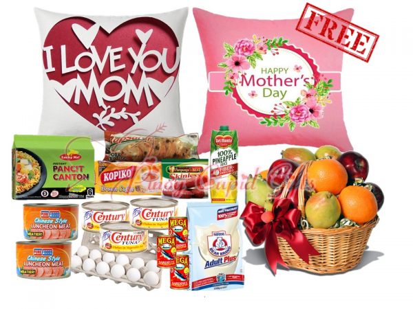mother's day message pillow, basket of fruits and groceries