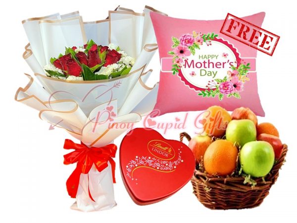 1 dozen red roses, lindt heart choco and fruit basket