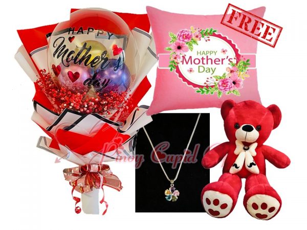 sterling silver necklace, mother's day balloon and teddy bear