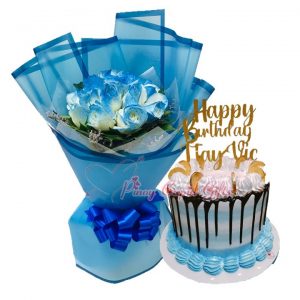 1 Dozen Blue Roses & Special 7" x 5" Customizable Cake
