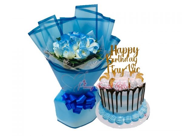 1 Dozen Blue Roses & Special 7" x 5" Customizable Cake