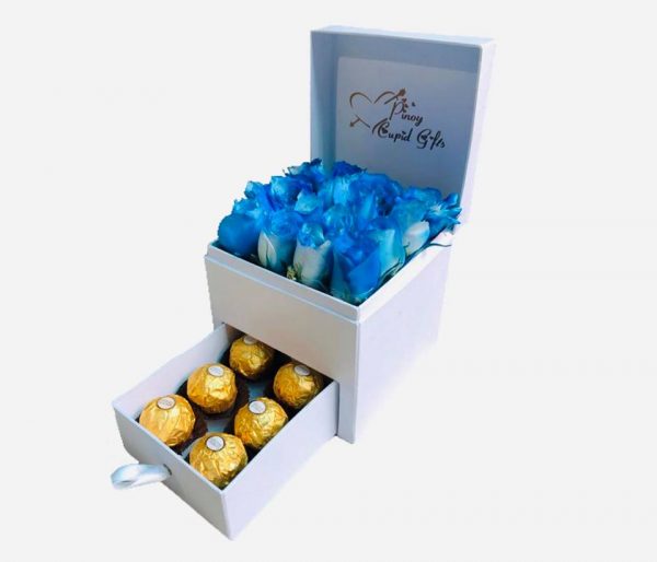 Blue Roses and 6pcs Ferrero in a special gift box