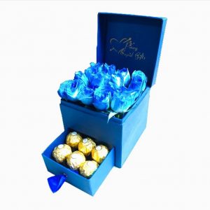 Blue Roses and 6pcs Ferrero in a gift box