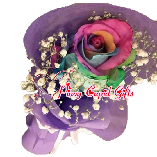 1 Imported Rainbow Holland Rose in a hand bouquet