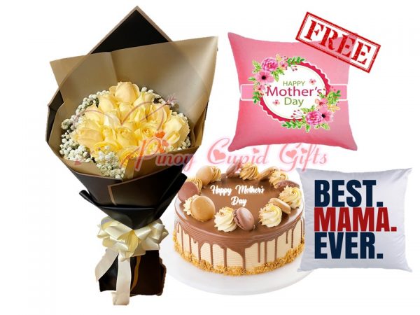 20 imported peach roses, Goldilocks Ultimate Mocha Symphony Cake and Mother's Day Pillows