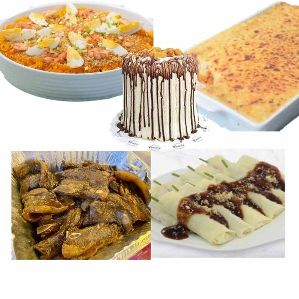 Conti's Party Palabok, Lasagna, bbq spareribs, and fresh Lumpiang Ubod with Mango Bravo cake