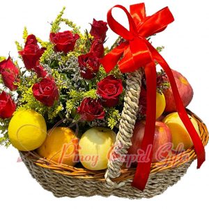2 dozen red roses and fruits (3 apples, 3 oranges, 3 pears, 2 lemons) in a basket