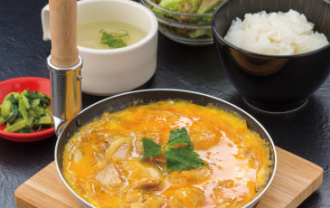 Exquisite chicken and egg in seasoned broth rice set.